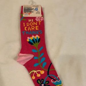 Blue Q Crew Socks - “hi i don’t care thanks”